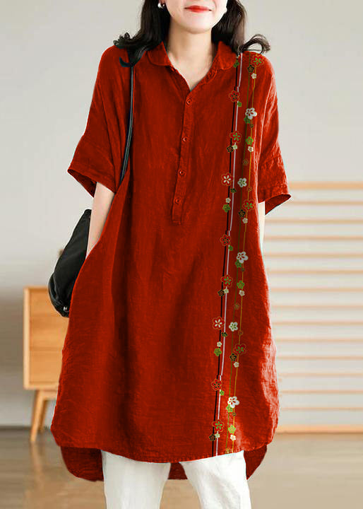 Jade  red flower Linen Women Casual Linen Shirt Dress