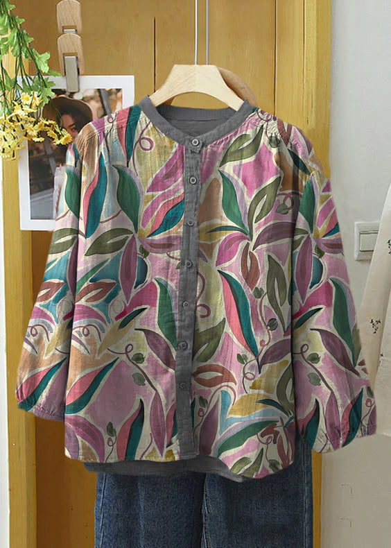 Beautiful Green Flowers Embroideried Button Cotton Blouse Long Sleeve