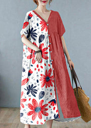 Plus Size Red flower Retro Button Summer Print Half Sleeve Maxi Dress