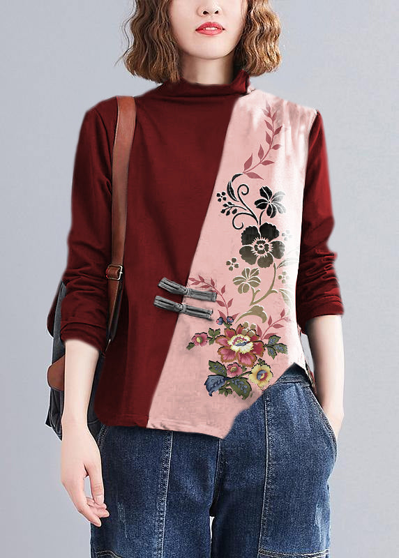 Natural Red flowers Blouse high neck Chinese Button Knee tops