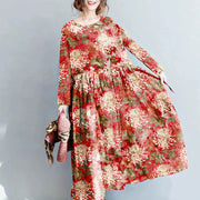 2024 fashion Red floral long linen dresses plus size clothing maxi dresses