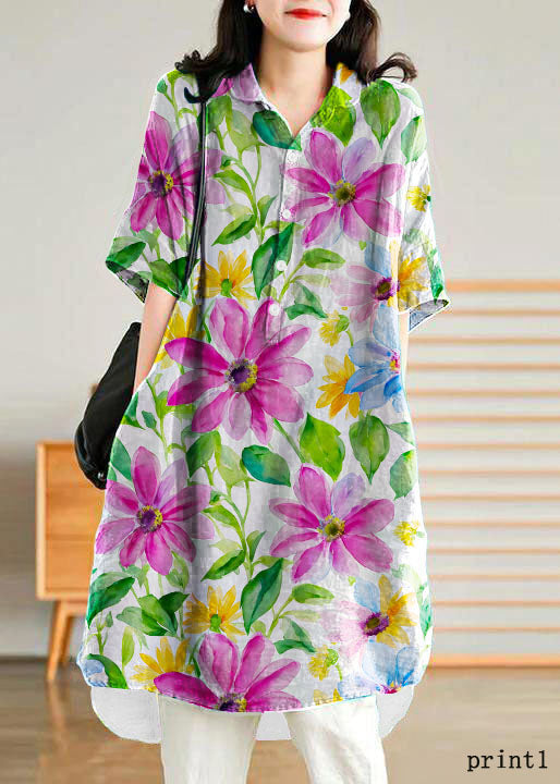 Jade purple flower Linen Women Casual Linen Shirt Dress