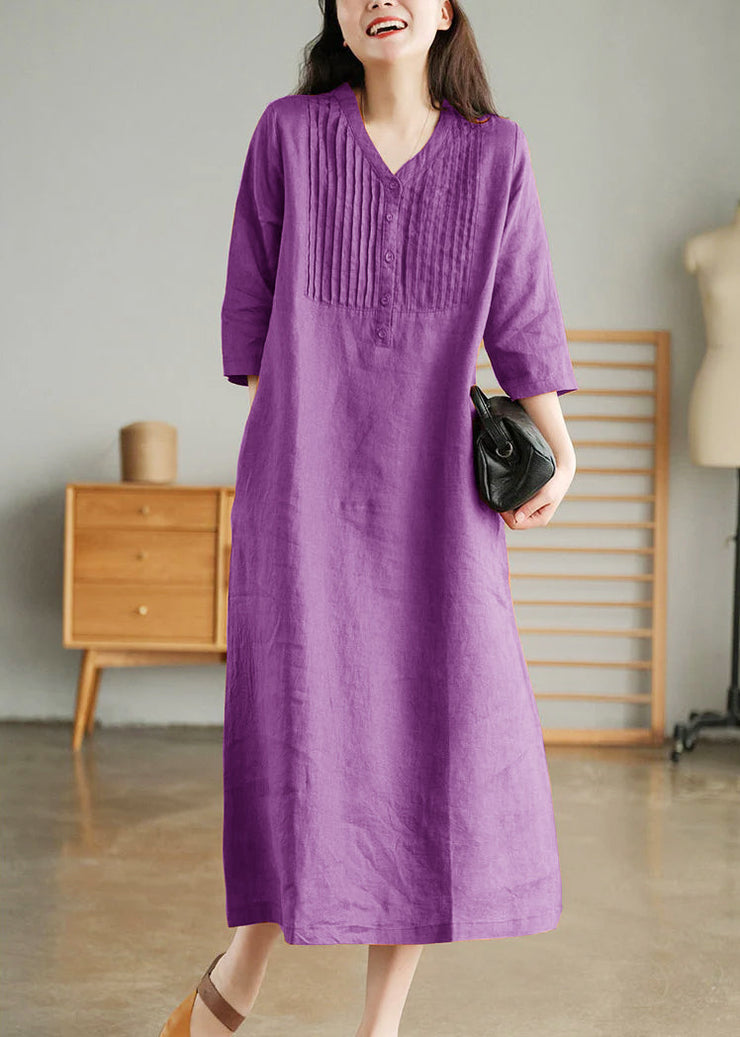Purple Loose Linen Long Dresses Button Solid Half Sleeve