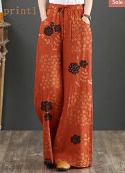 Orange-print1 Elastic Waist Linen Straight Pants Solid Color Drawstring Summer