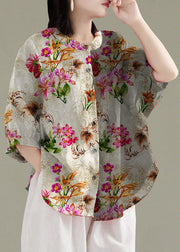 Art White floral patchwork O-Neck Button Linen Loose Shirt Top Lantern Sleeve