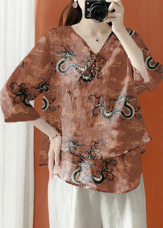 Beautiful Purple Asymmetrical Print Linen Blouses Half Sleeve