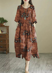 Vintage Brown geometry O-Neck Print Wrinkled Long Dress Summer