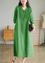 Light Green Loose Linen Long Dresses Button Solid Half Sleeve