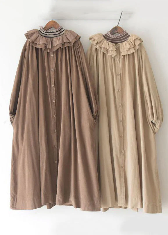 Grace Size Khaki Ruffled Button Corduroy Long Dresses Spring