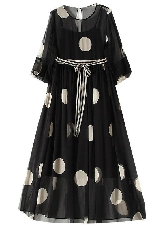 Grace Black O-Neck Tie Waist Dot Print Chiffon Long Dresses Flare Sleeve