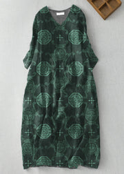 Modern Black plaid V Neck Print Wrinkled Linen A Line Dress Summer