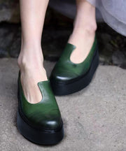 Women Splicing Platform Heels Blackish Green Cowhide Leather