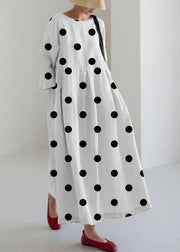 White spliced polka dots Cotton Dresses Pockets Patchwork Spring