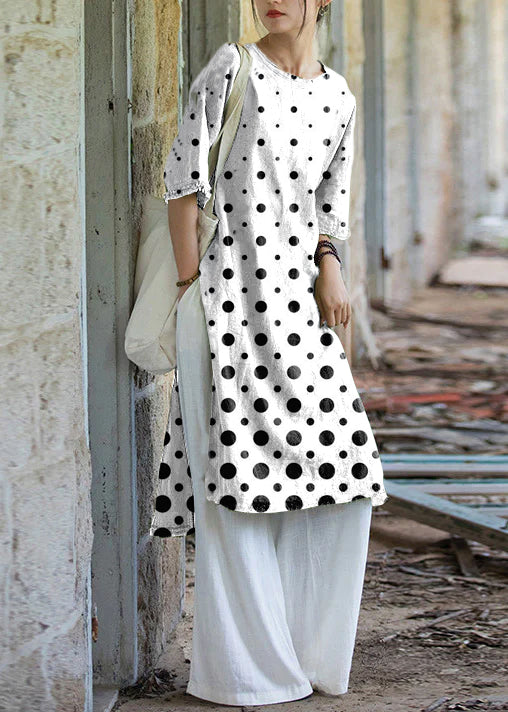 Boutique White polka dots O Neck Side Open Linen T Shirts Dresses Summer