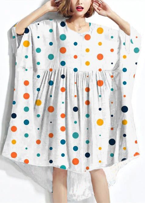 New White polka dots Chiffon Dresses Plus Size Clothing Linen Maxi Dress Fine High Waist Batwing Sleeve Clothing