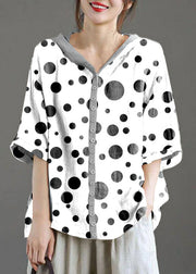 White polka dots hooded Patchwork Summer Linen Blouses
