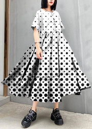 Classy White polka dots cotton clothes o neck Cinched cotton robes summer Dresses