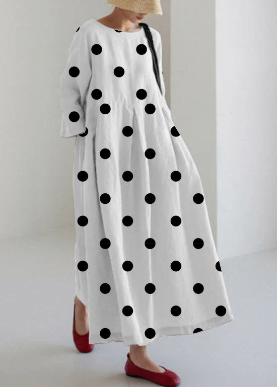 White polka dots Cotton Dresses Pockets Patchwork Spring