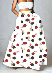 Bohemian White-polka dots High Waist Pockets Floral Print Cotton A Line Skirt Summer
