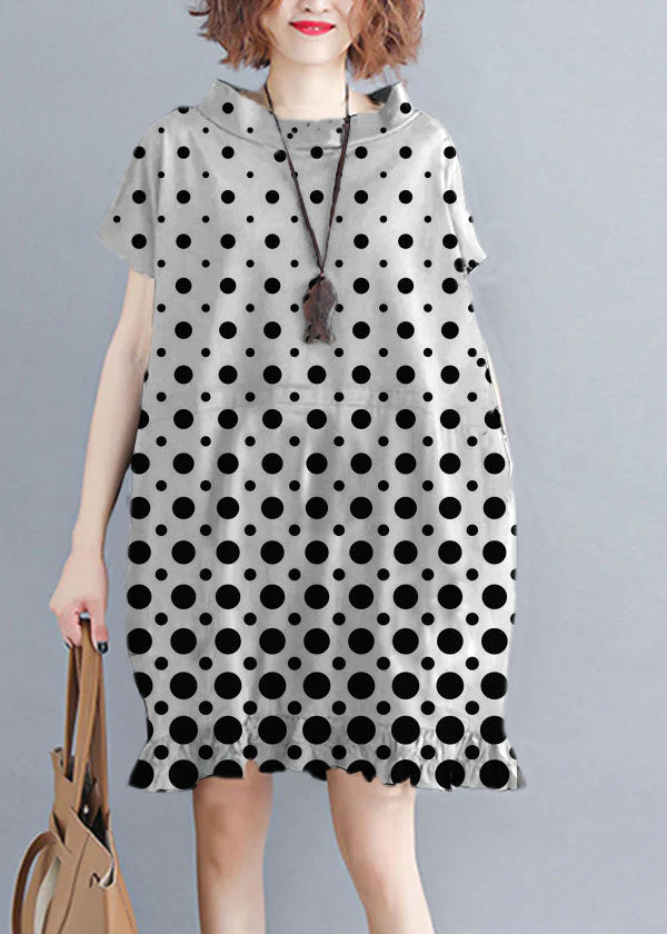 Natural Black Stand Collar Ruffled Dot Print Holiday Dresses Short Sleeve
