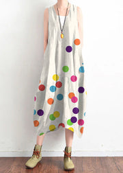 French White polka dots v neck linen clothes For Women stylish design sleevless loose summer Dress