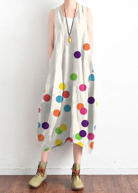 French Color Geometry dots v neck linen clothes For Women stylish design sleevless loose summer Dress