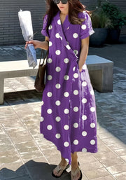 Chic Purple Polka Dots Peter Pan Collar Patchwork Linen Long Dress Short Sleeve