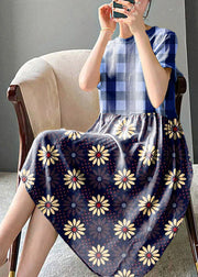Brief Blue geometry O-Neck Patchwork Linen Dress Short Sleeve