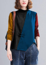 Natural Blue texture Blouse high neck Chinese Button Knee tops