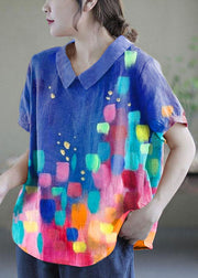 Women Blue Geometric Peter Pan Collar Patchwork Summer Ramie Shirts Short Sleeve