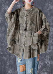 Plus Size black - texture Stand Collar Patchwork Linen Shirt Tops Batwing Sleeve