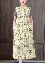 Fitted Yellow Mandarin Collar Print Pockets Silk Long Dresses Short Sleeve