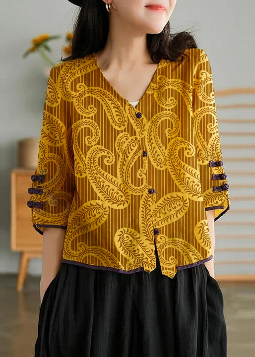 Women Yellow-flower2 Casual Ramie Cardigan Embroidered Shirt