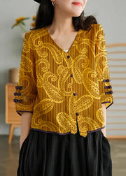 Women Yellow-flower1 Casual Ramie Cardigan Embroidered Shirt