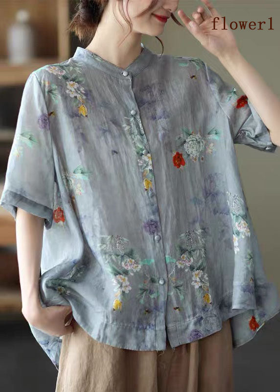 Elegant Blue- flower2 Stand Collar Print Tops Half Sleeve