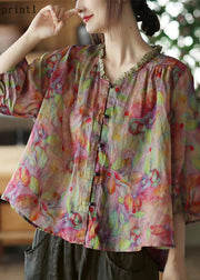 Plus Size Pink-Print4 V Neck Ruffled Print Linen Blouse Top Half Sleeve