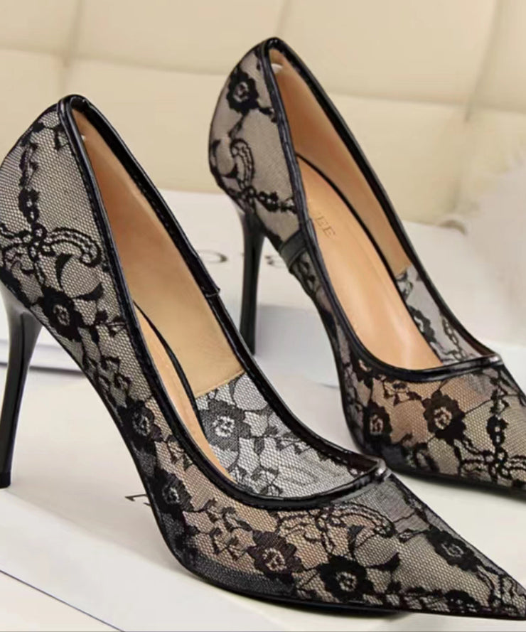 Pointed toe stiletto high heels female lace mesh sexy bed hollow single shoes 2024 spring new