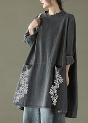 Boho Black Grey-white flowers O-Neck Pockets Denim Long Dresses Long Sleeve