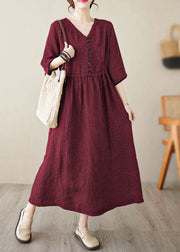 Chic wine red V Neck Plaid Patchwork Button Linen Maxi Dresses Summer