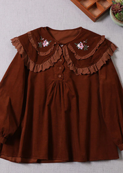 Grace Chocolate Embroideried Button Corduroy Blouses Spring