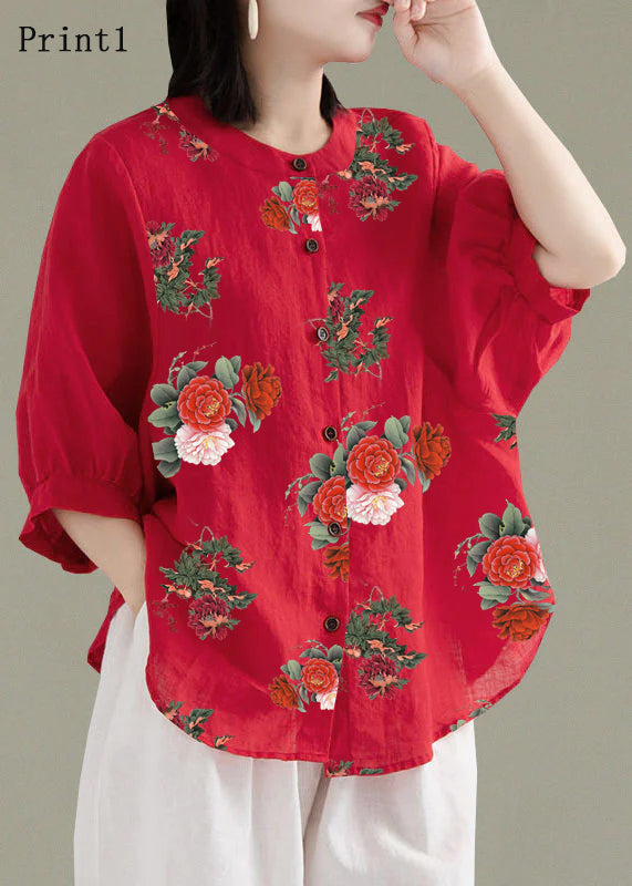 Art Red-print3 O-Neck Button Linen Loose Shirt Top Lantern Sleeve