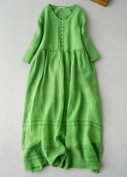 Grace Green V Neck Solid Linen Long Dress Bracelet Sleeve