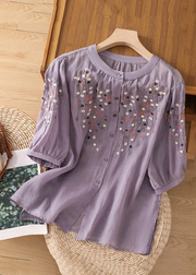 Grace Purple O Neck Embroideried Side Open Linen Blouse Spring