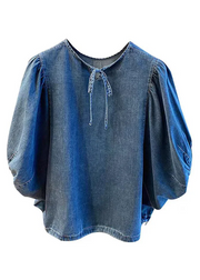 Grace Denim Blue Patchwork Tie Lace Tops Summer