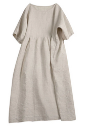 Grace Apricot Solid O-Neck Wrinkled Patchwork Linen Dress Summer