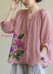 Italian Pink-rose flower V Neck Button Loose Fall Half Sleeve Blouse Top