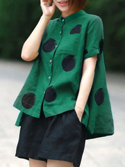 Dark green dot Print Patchwork Linen Top Button Stand Collar Summer