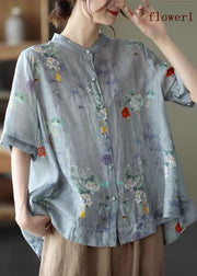 Elegant Purple flower Stand Collar Print Tops Half Sleeve