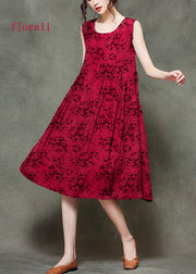 Casual Wine Red-floral1 O-Neck Wrinkled Long Dresses Sleeveless