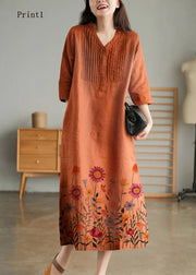 Print5 Loose Linen Long Dresses Button Solid Half Sleeve